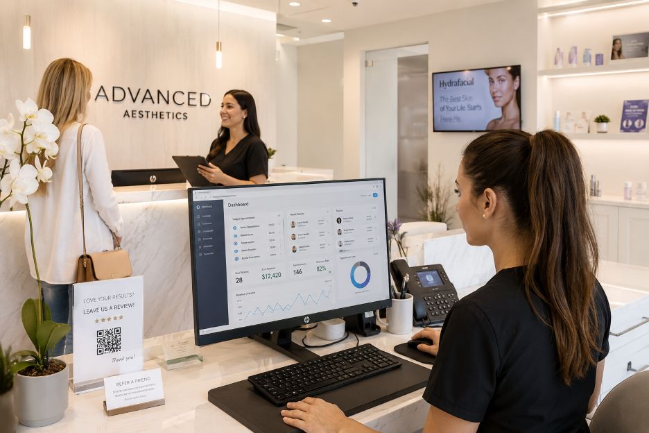 Modern aesthetics clinic reception scene