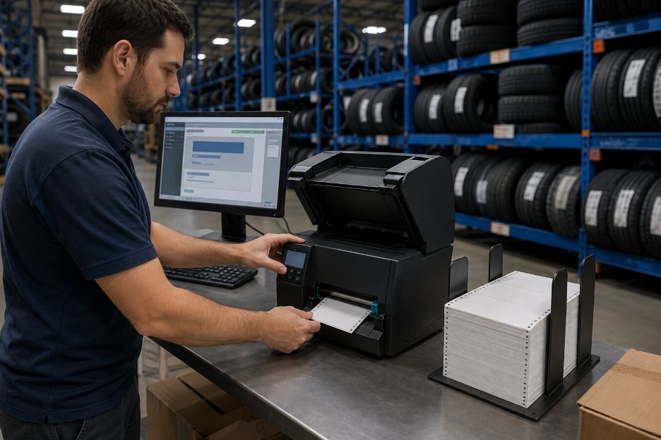 Warehouse specialist configures a thermal label printer