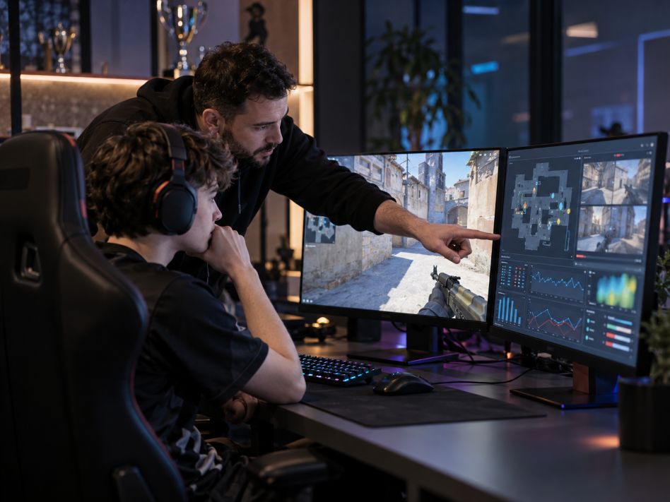 professional esports coach reviewing Counter-Strike-style gameplay
